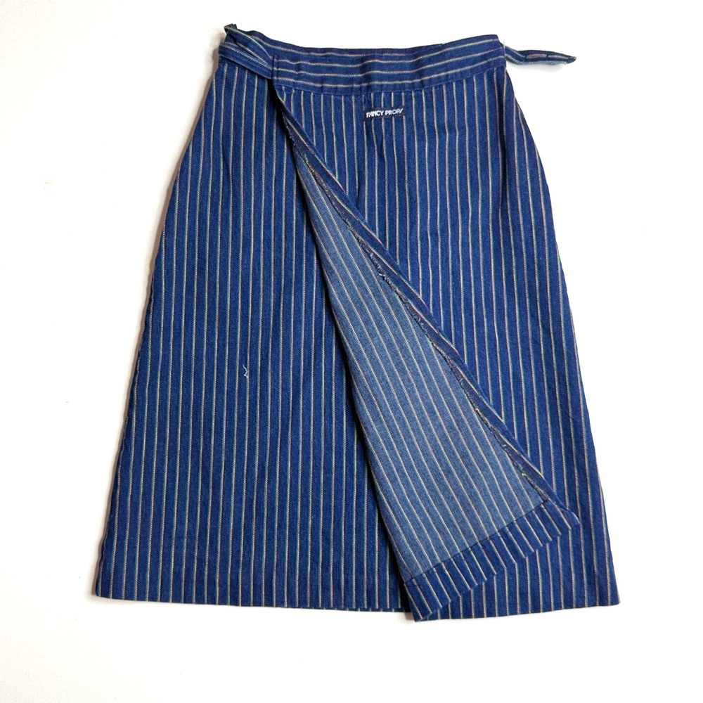Vintage Fancy Proof French Workwear Blue Striped Denim Wrap Skirt Size Medium